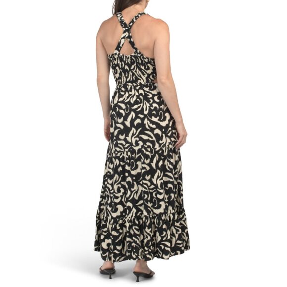 FRYE Black Beauty Combo Linen Blend Smocked Cut Away Maxi Dress - Picture 2 of 2